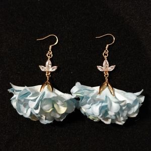 NEW HANDMADE GOLD CUBIC ZIRCONIA AND BLUE FABRIC FLOWER EARRINGS